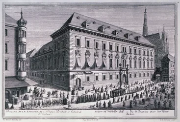 View of a funeral procession with the St. Stephens Cathedral in the background engraved by Johann-August Corvinus